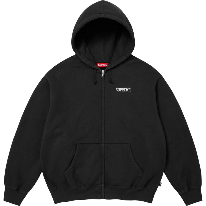 Supreme Black Blessed Applique Zip Hoodie front view with the red box logo tab at the neck