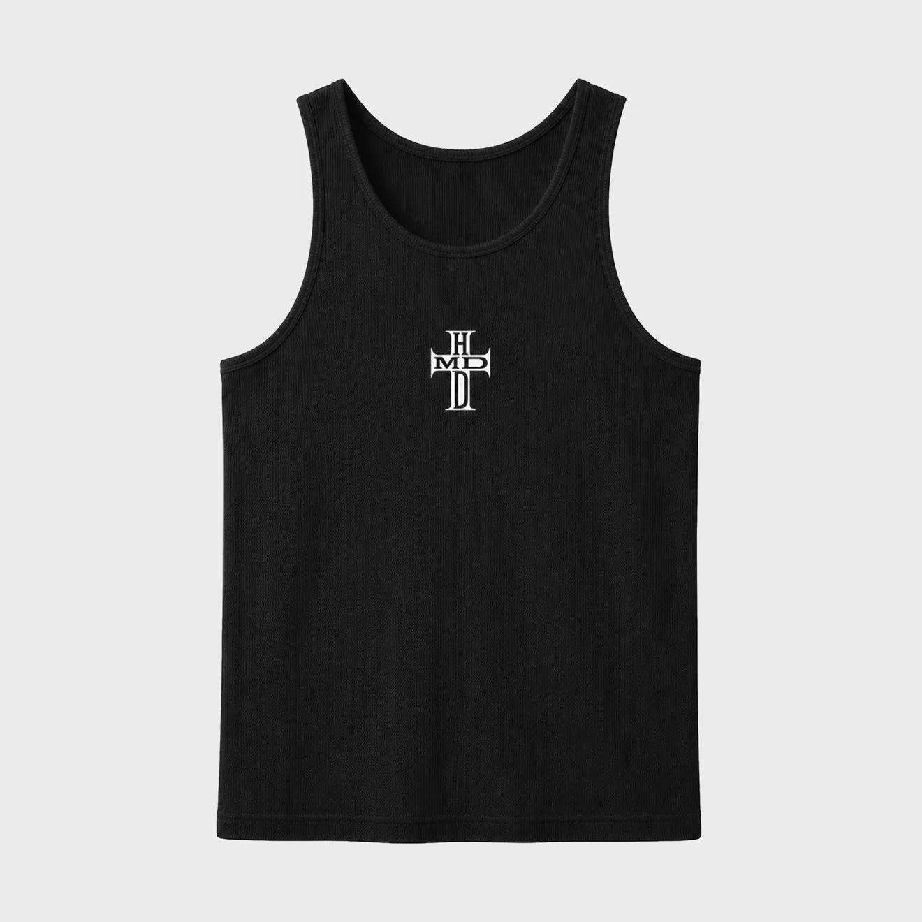 HMDD Black HC Tank Top, front of a black ribbed tank with a small white HMDD cross logo at the chest