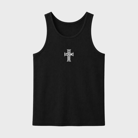 HMDD Black HC Tank Top, front of a black ribbed tank with a small white HMDD cross logo at the chest