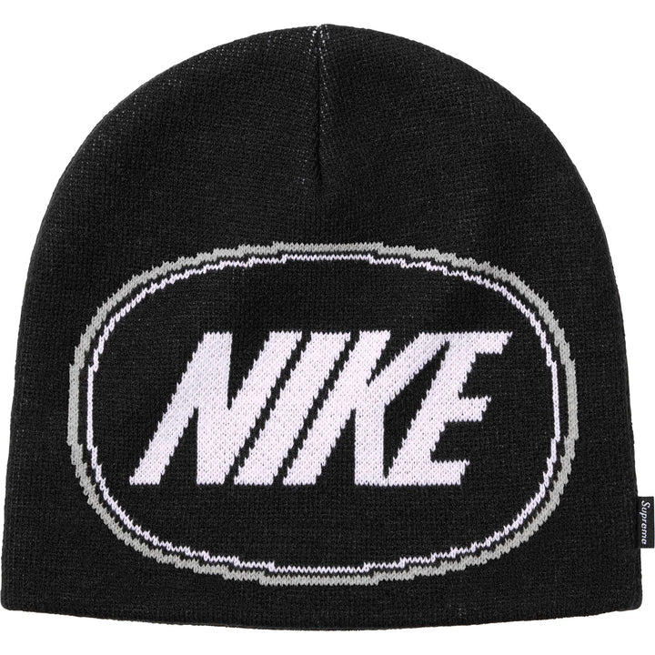 Supreme x Nike Oval beanie in black with a large white NIKE logo inside a knit oval on the front