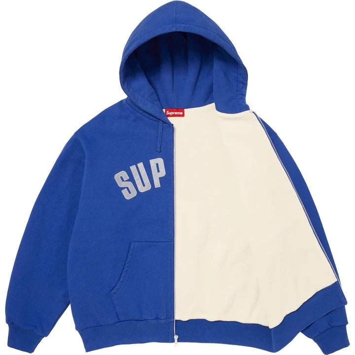 Royal blue Supreme Arc Thermal zip hoodie unzipped to show the cream thermal lining