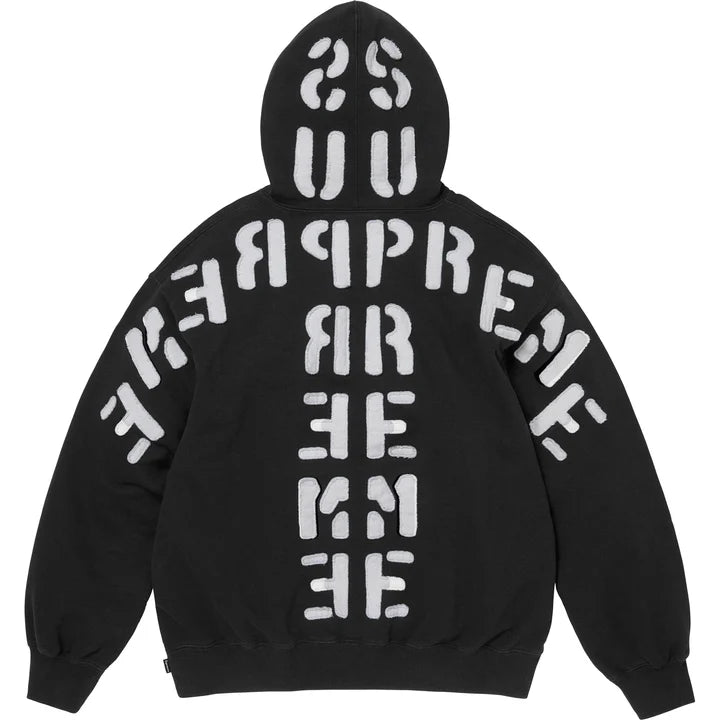 Back of the Supreme Mirrored Applique hoodie in black with grey SUPREME lettering applied vertically and horizontally in mirrored form
