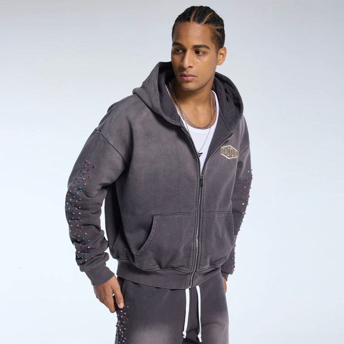 AZVA Vintage Black Crystal Cactus Zip Hoodie