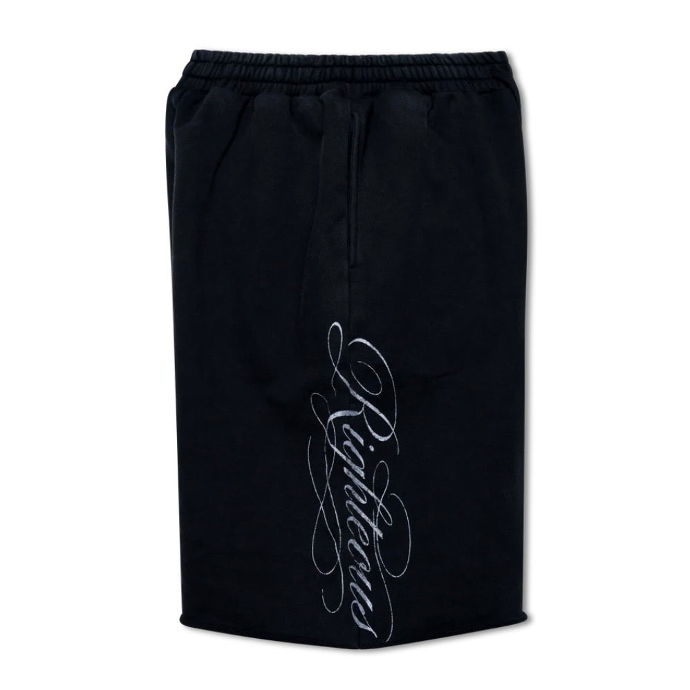 We Are Righteous Black Everyday Sweatshorts angled view with white script logo down the leg