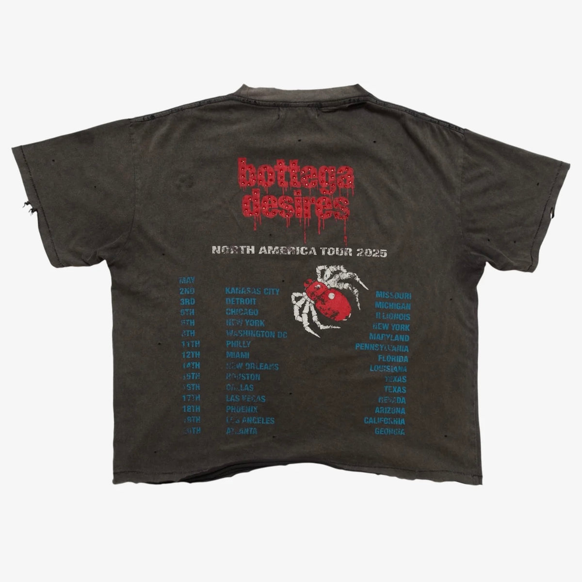 Back of the Obituary tee with red dripping bottega desires logo, a spider graphic and a list of tour cities