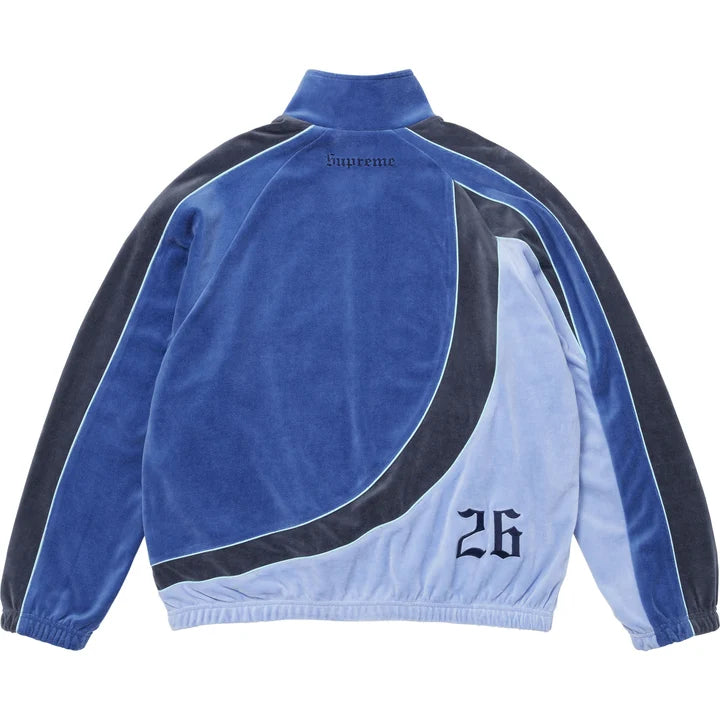 Supreme x Umbro Blue Velour Track Jacket back view with the navy 26 numerals on the pale blue panel