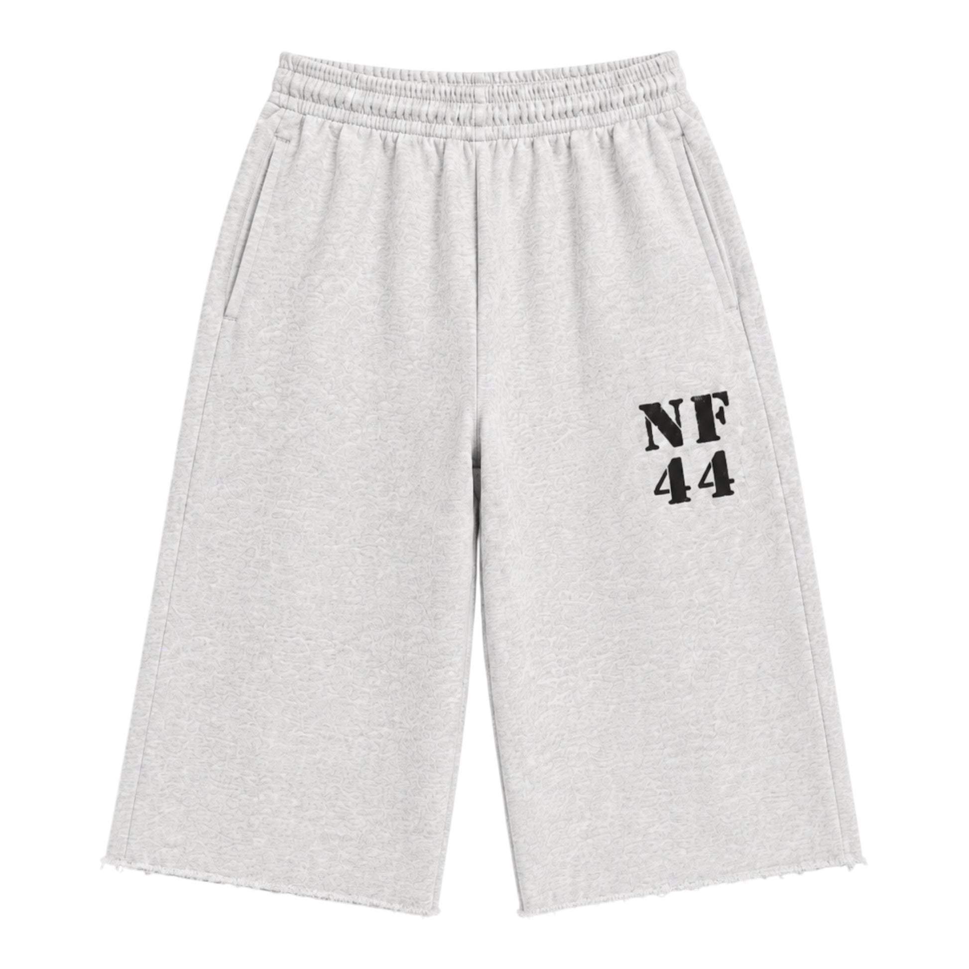No Feelings Grey Militia NF44 3/4 Shorts, front view of wide-leg heather grey sweat shorts cut below the knee with a black NF 44 print on the left thigh and a raw frayed hem