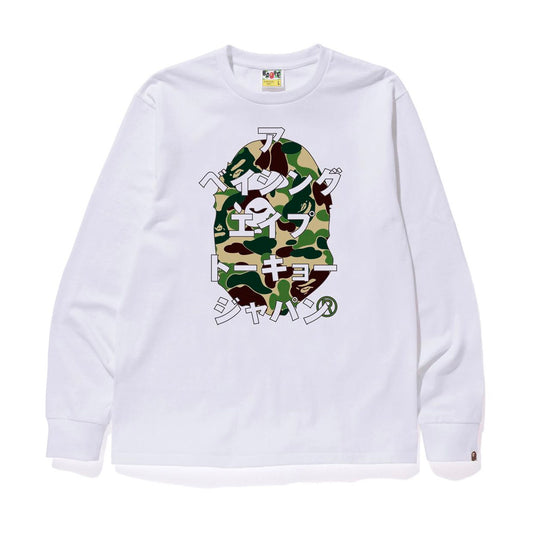 Bape White Green Japanese Letters Long Sleeve Front View