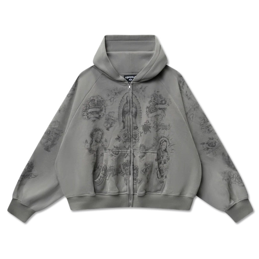 Washed grey zip hoodie printed with tonal religious line illustrations, front view