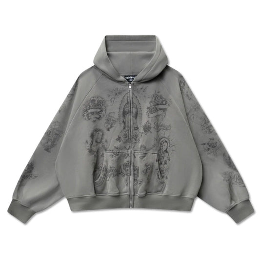 Washed grey zip hoodie printed with tonal religious line illustrations, front view