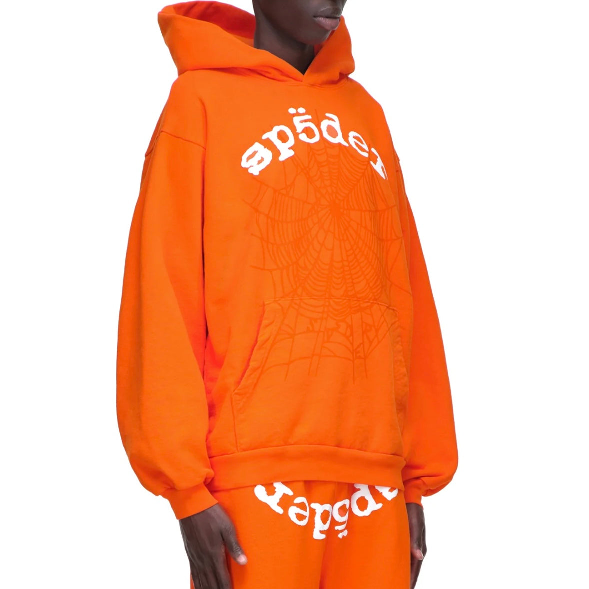 Sp5der Orange White Legacy Hoodie On Body Front Right