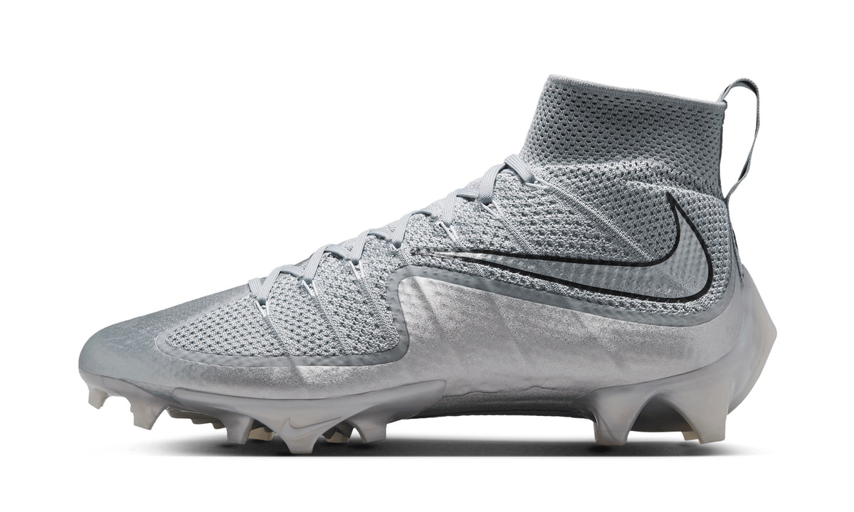 Nike Vapor Edge 360 Untouchable football cleat in wolf grey and metallic silver with a knit collar, lateral side view