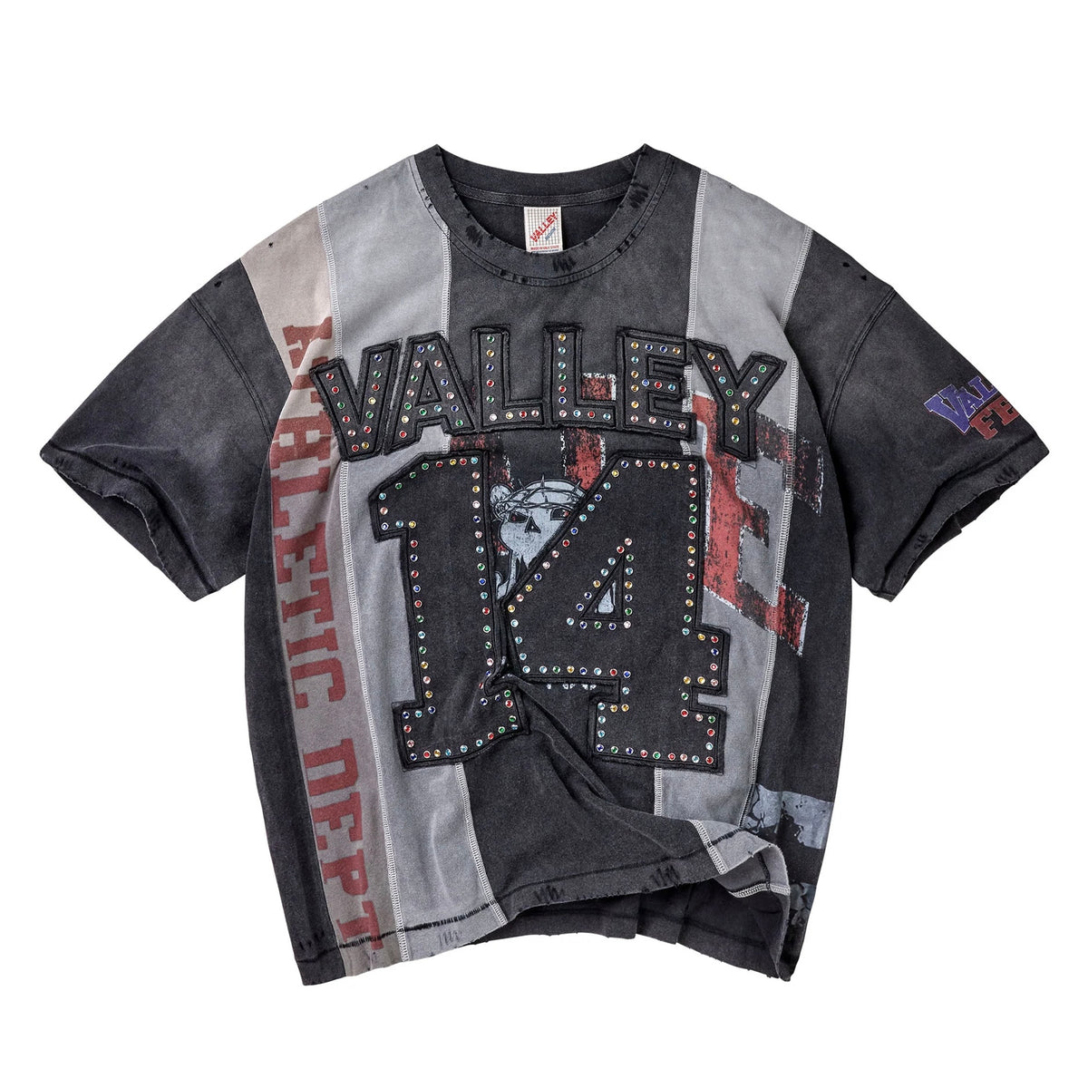 Vale Chop N Screw Tee front - panelled grey, cream and red body with a studded VALLEY and number 14