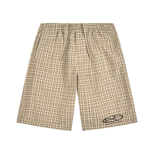 Boredom Kills Khaki Plaid Track Shorts front flat-lay — cream plaid shorts with the black Boredom Kills oval logo