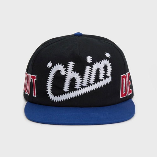 HMDD Chocolate City Hat, front view of a black crown with white and red DON'T 'Chim' DIE lettering and a royal blue brim