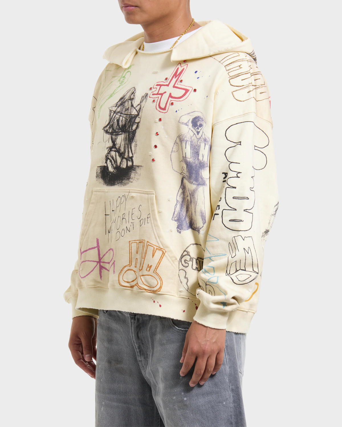 HMDD Sketch Hoodie, cropped torso shot with the open collar, kneeling-figure print and outlined lettering down the sleeve