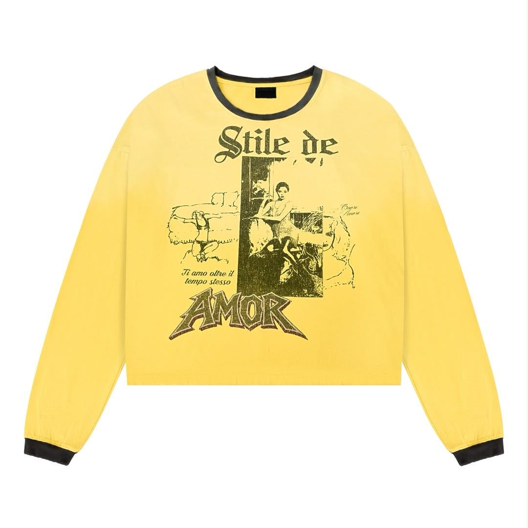 Stile De Amor Stresso Long Sleeve, faded yellow long sleeve with black collar and cuffs, a vintage photo and Stile De Amor lettering