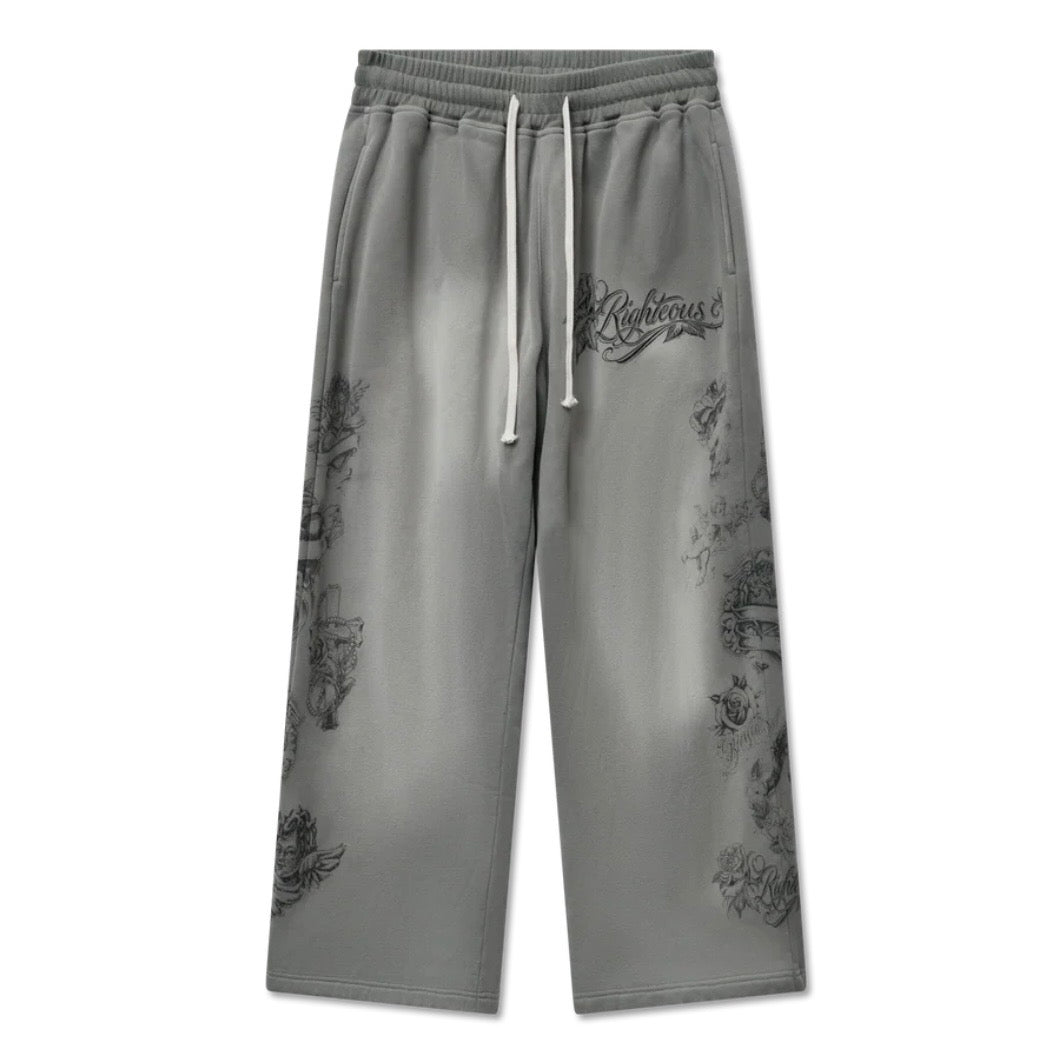 Washed grey wide-leg sweatpants with tonal line illustrations and Righteous script