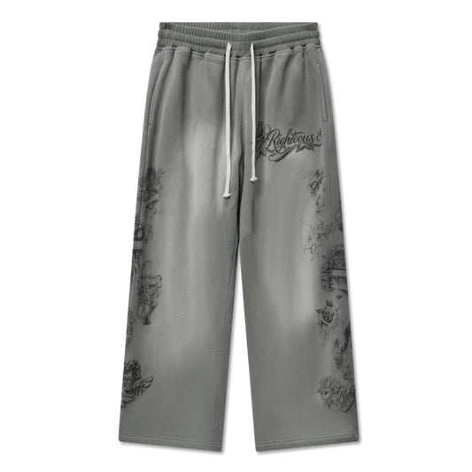 Washed grey wide-leg sweatpants with tonal line illustrations and Righteous script