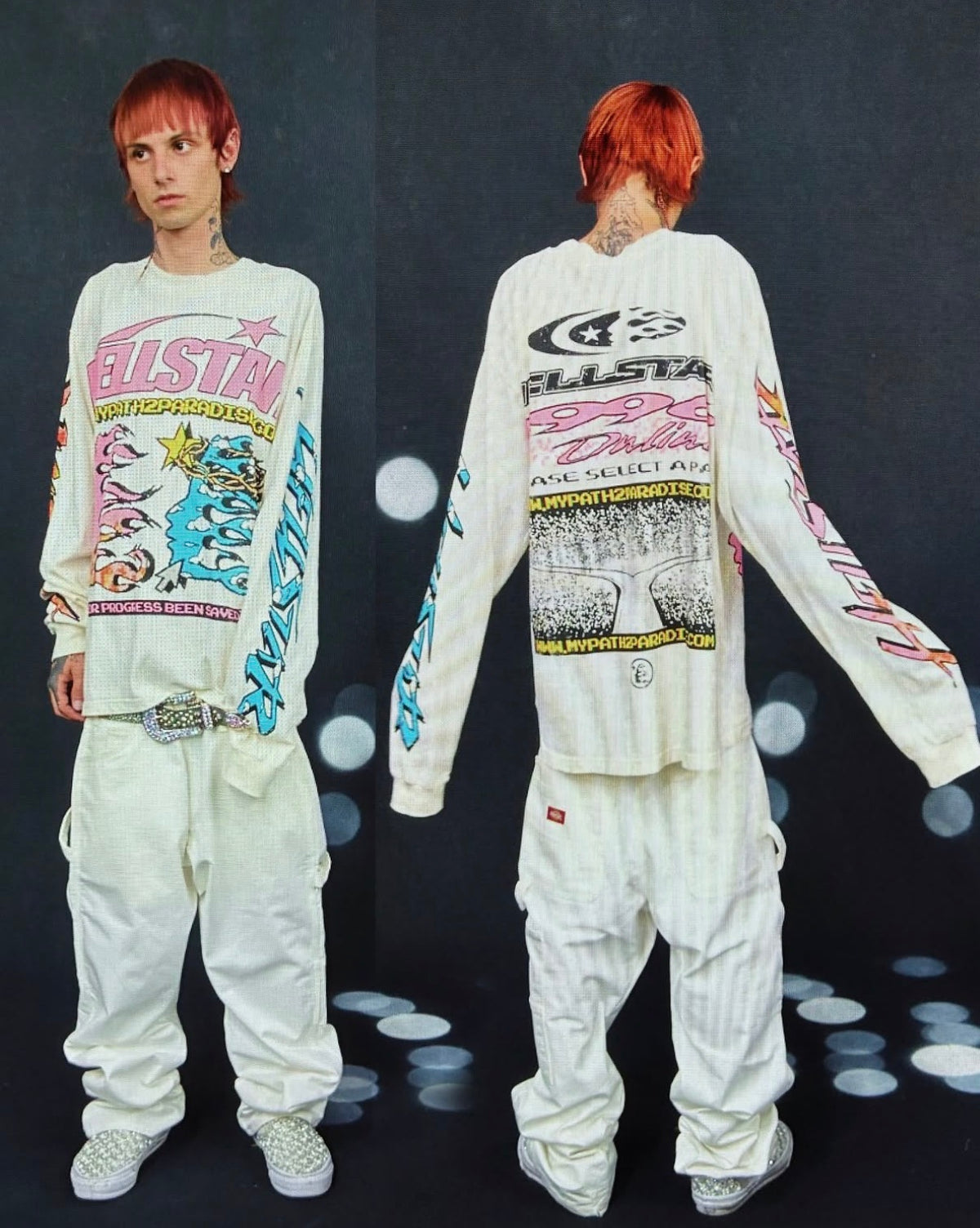Hellstar White Pixel Long Sleeve shown front and back with white baggy jeans