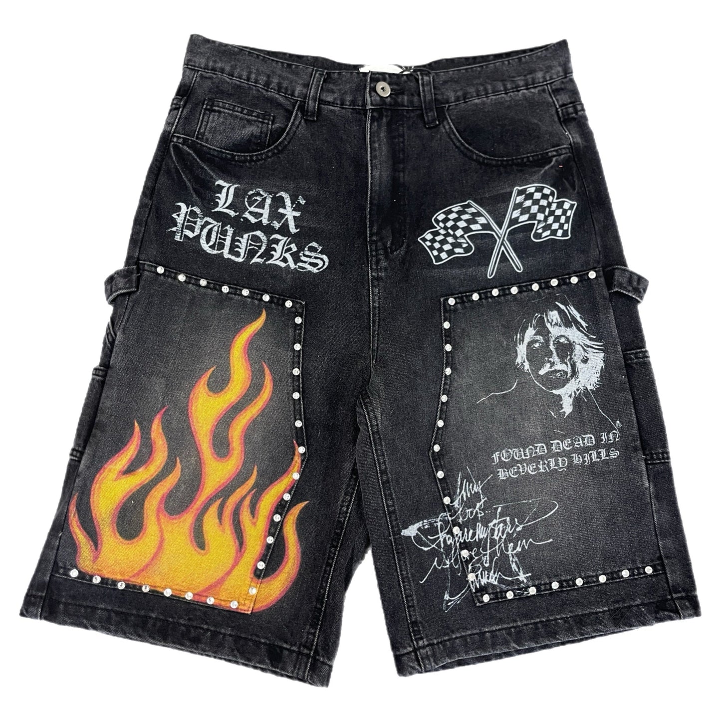Amis et Fleurs Black Studded Carpenter Denim Shorts