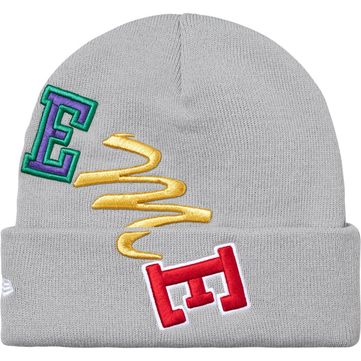 Supreme Grey New Era Arc Beanie angled view showing green, gold and red arc letters