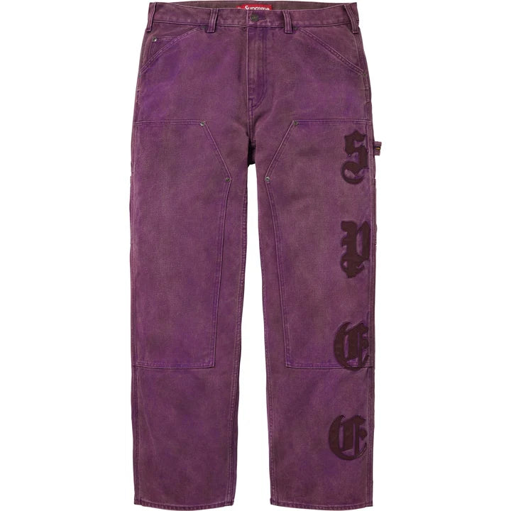 Supreme Purple Leather Applique Double Knee Painter Pants front view in washed purple canvas