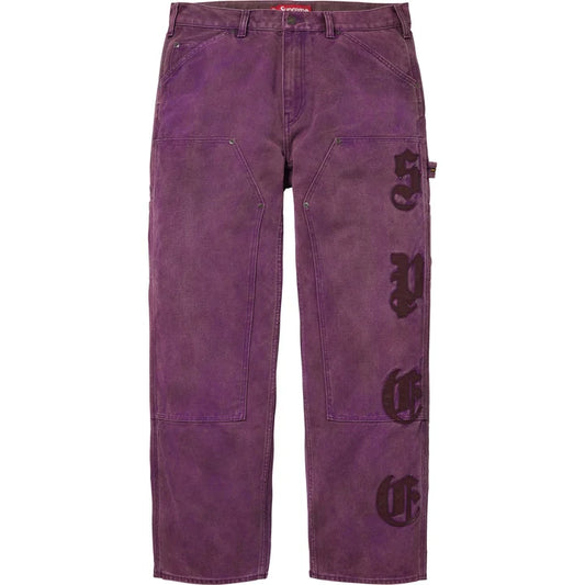 Supreme Purple Leather Applique Double Knee Painter Pants front view in washed purple canvas