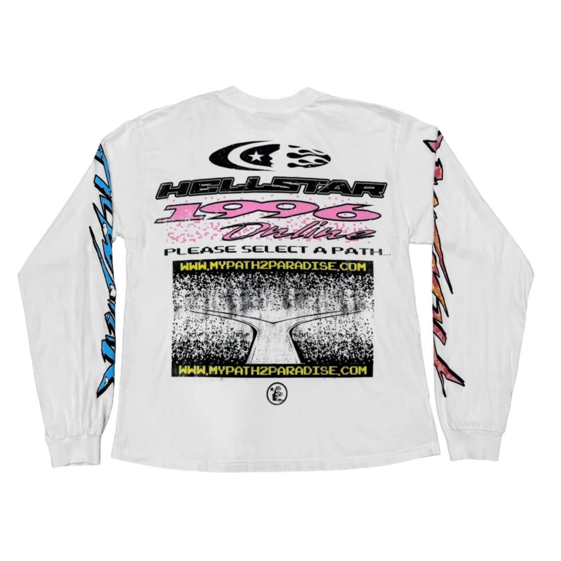 Hellstar White Pixel Long Sleeve back with 1996 Online lettering and a forking road panel