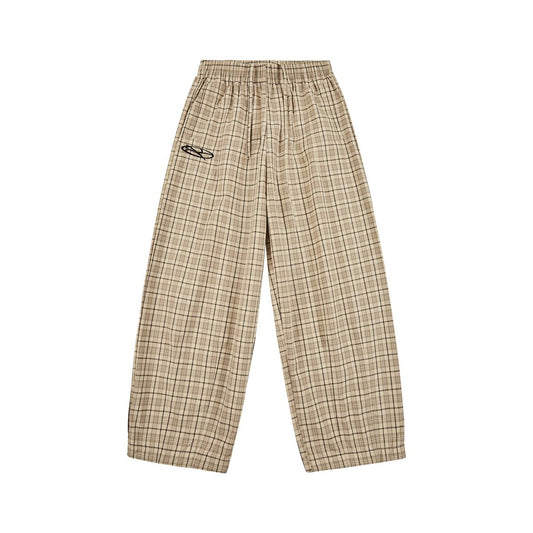 Boredom Kills Khaki Plaid Track Pants front flat-lay — full-length wide cream plaid pants with the black oval logo