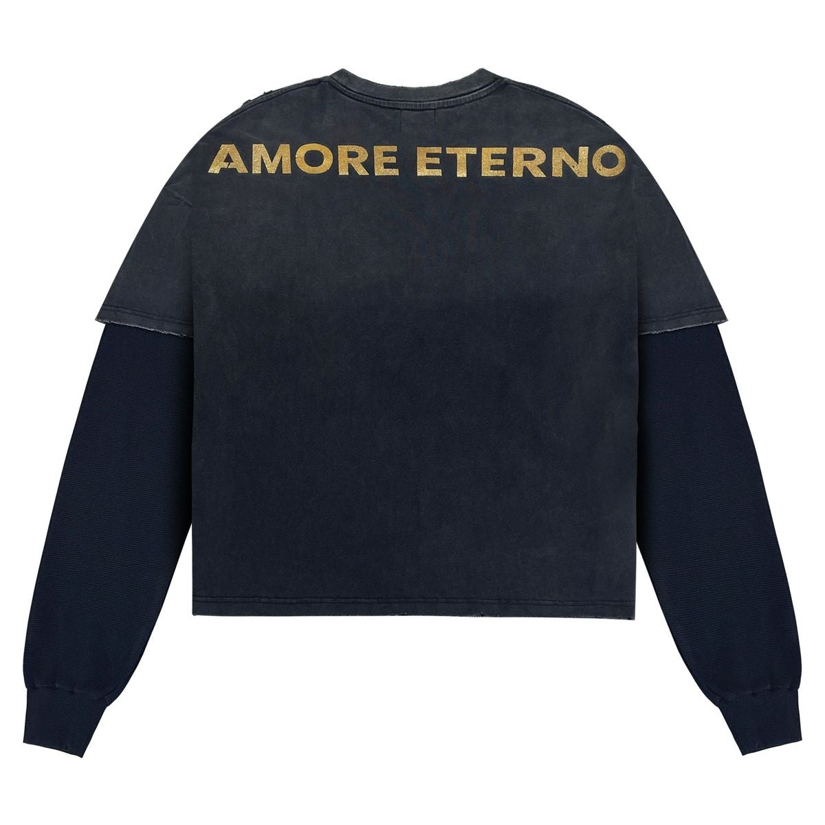 Back of washed black cropped long sleeve with gold AMORE ETERNO print across shoulders