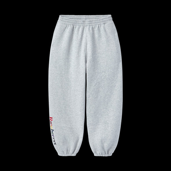 Heather grey baggy sweatpants with elastic cuffs and multicolour leg embroidery