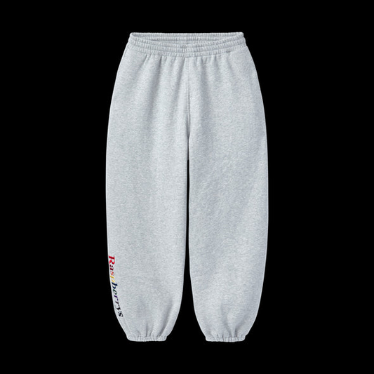Heather grey baggy sweatpants with elastic cuffs and multicolour leg embroidery