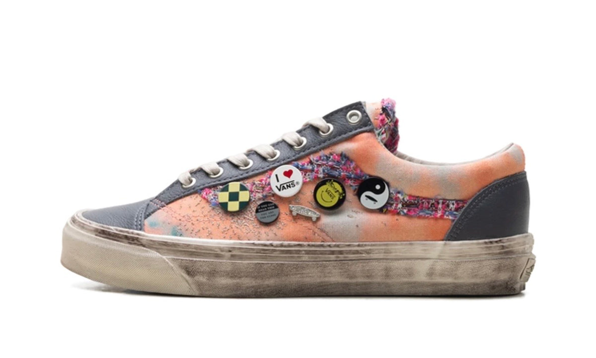 Peach marbled Vans Old Skool with grey suede panels, tweed sidestripe and enamel pins