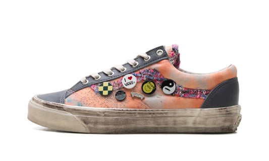 Peach marbled Vans Old Skool with grey suede panels, tweed sidestripe and enamel pins