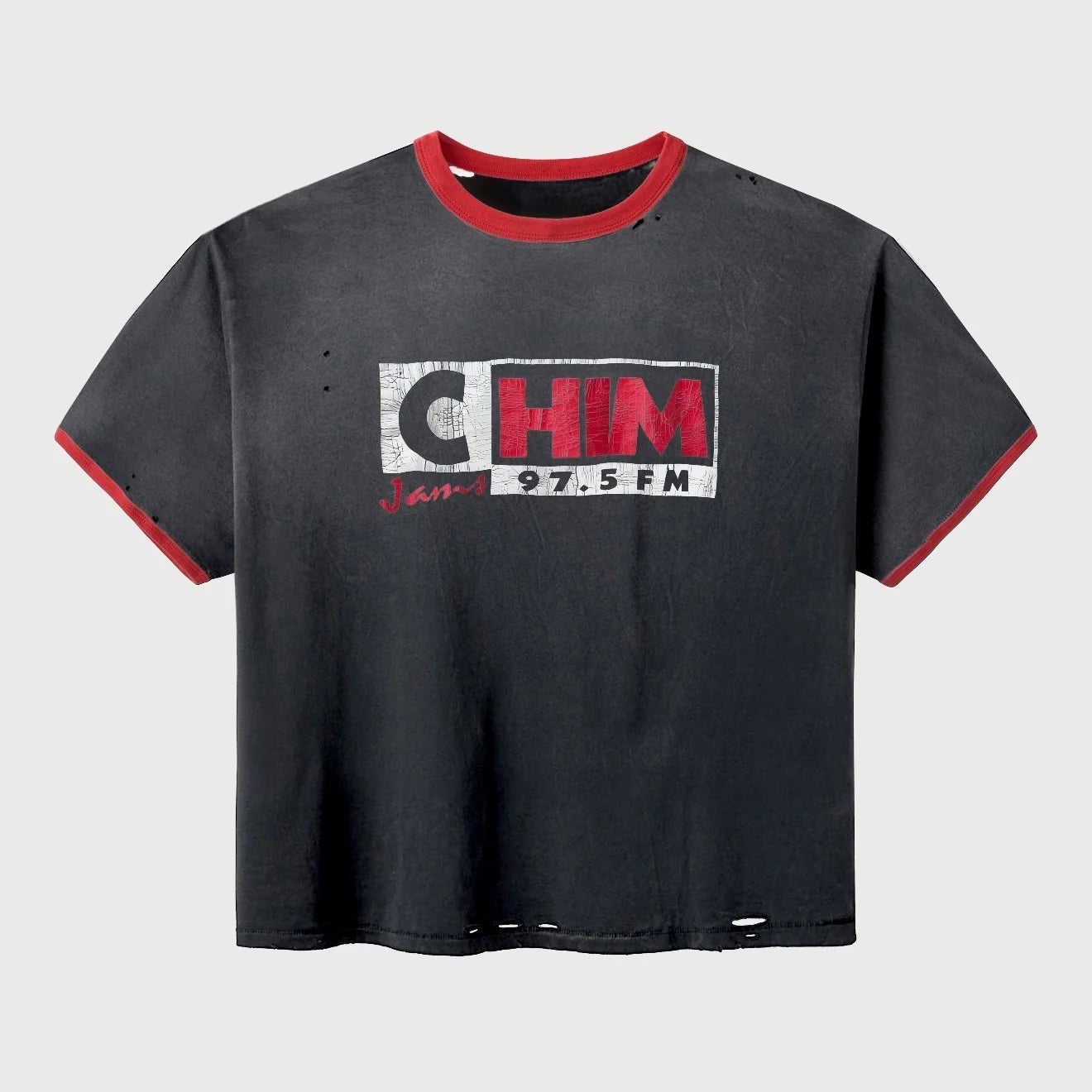 HMDD Black R&B Wringer T-Shirt, faded black ringer tee with red collar and cuff trim and a CHIM 97.5 FM box logo print