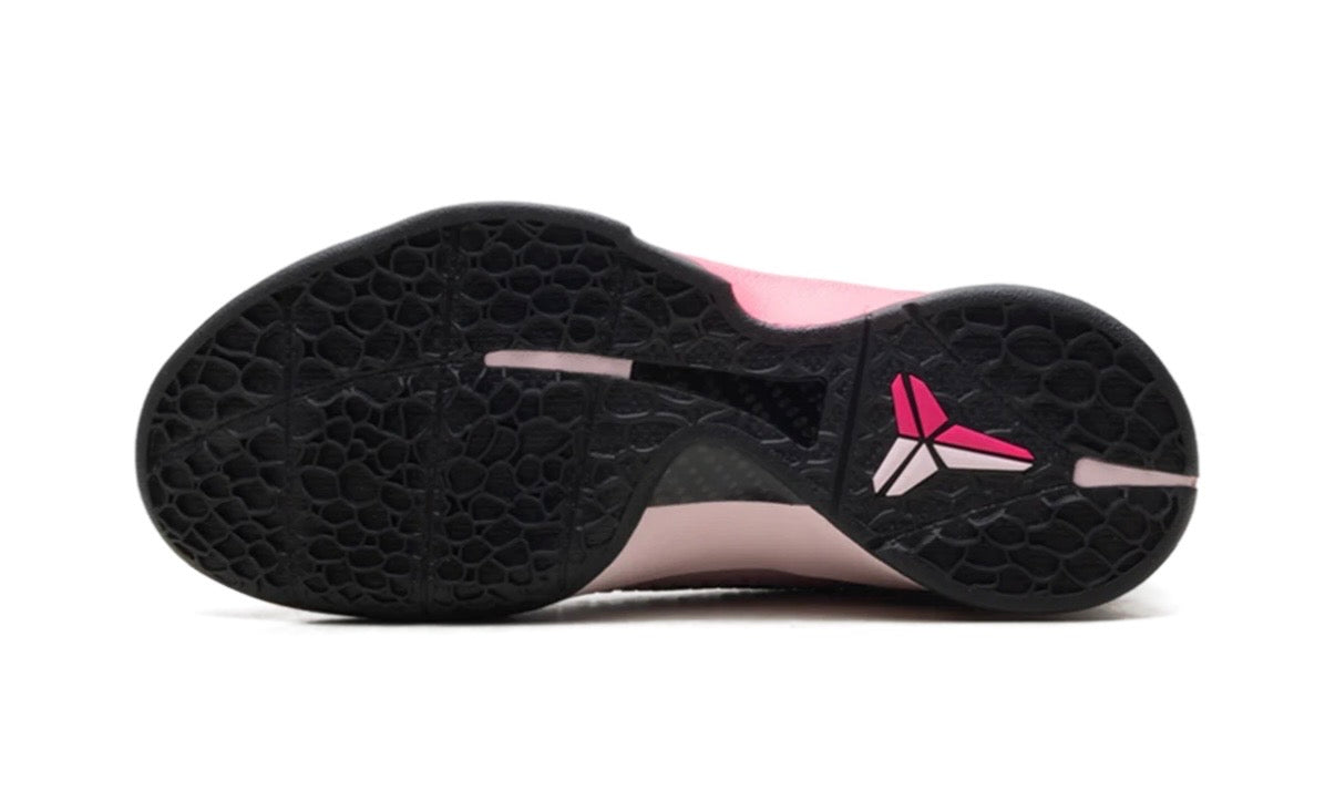 Nike Kobe 6 Protro Kay Yow Think Pink, close-up of the black outsole with pink traction pods and a pink Kobe sheath logo
