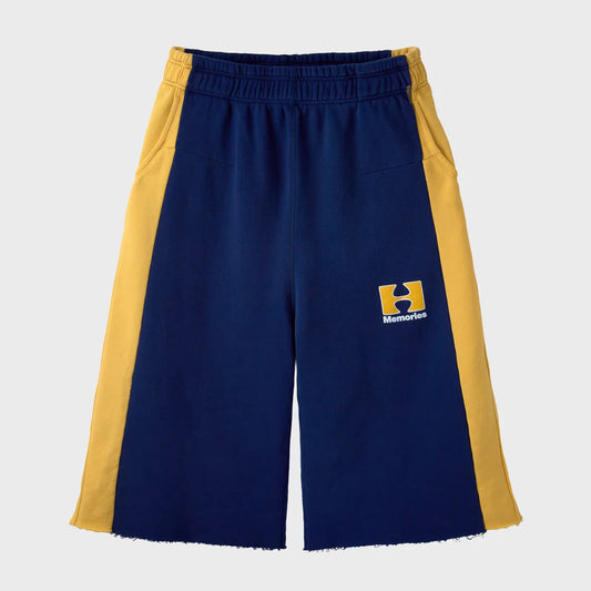 HMDD Wolverine 3/4 Shorts, navy fleece 3/4 shorts with yellow side stripes and a yellow H Memories logo