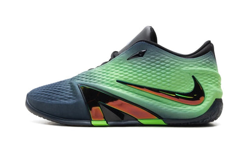 Nike Ja 4 Nightmare, inner-side view fading navy at the toe into bright green, black Swoosh and orange flame panel