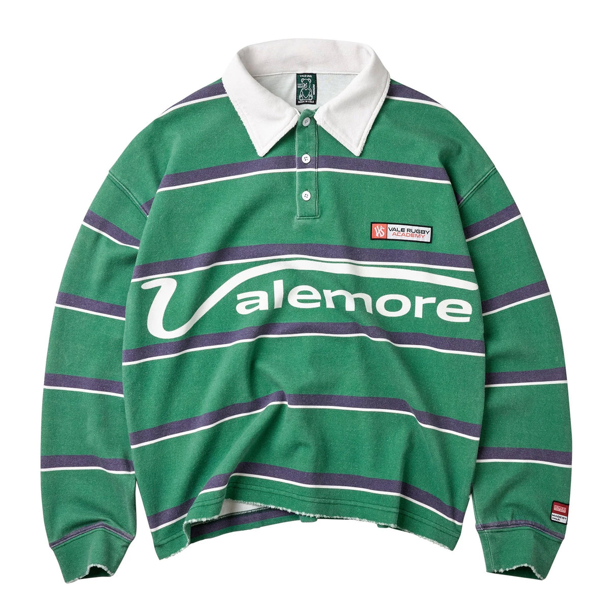 Vale Green Valemore Rugby Long Sleeve, green rugby with purple and white stripes, white collar and a white Valemore script across the chest