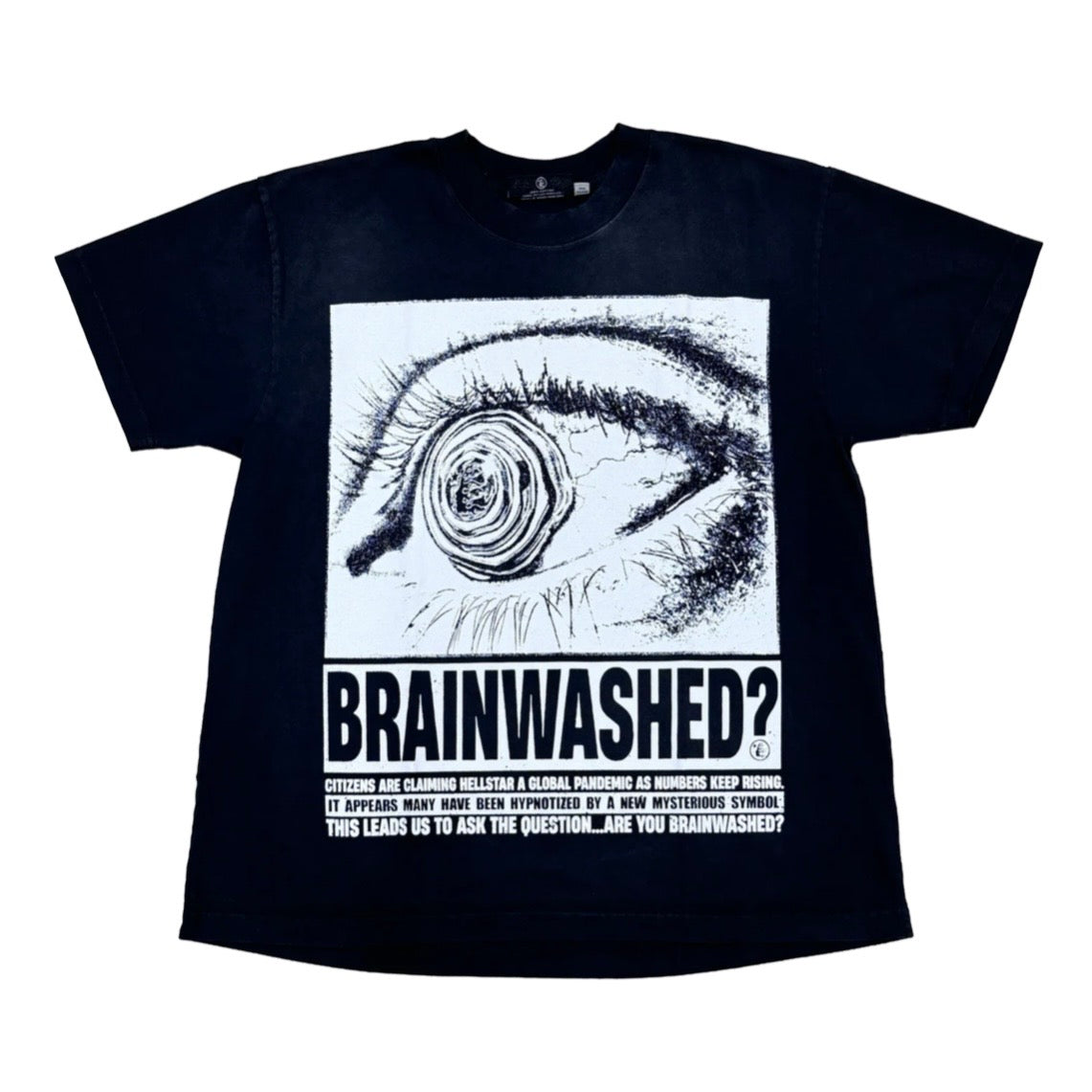 Hellstar Black Brainwashed Tee front with a spiral eye panel and a bold Brainwashed headline