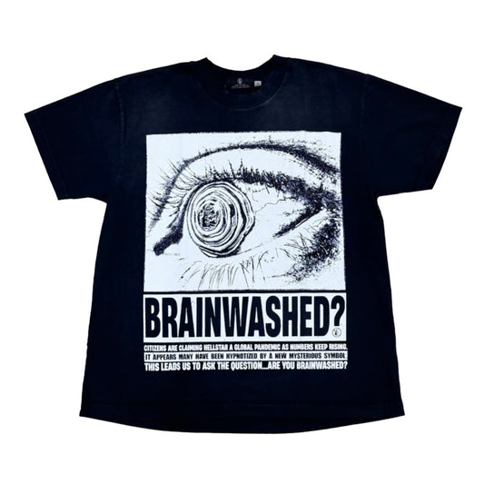 Hellstar Black Brainwashed Tee front with a spiral eye panel and a bold Brainwashed headline