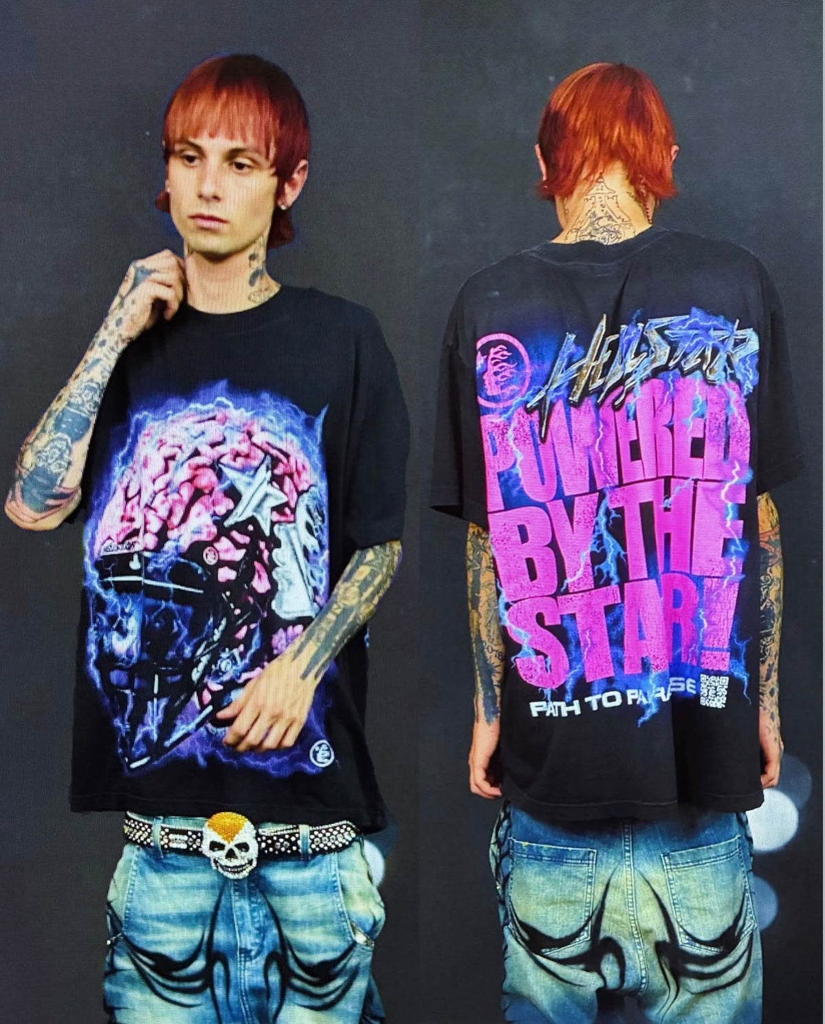 Hellstar Black Powered By The Star Tee shown front and back with light wash baggy jeans