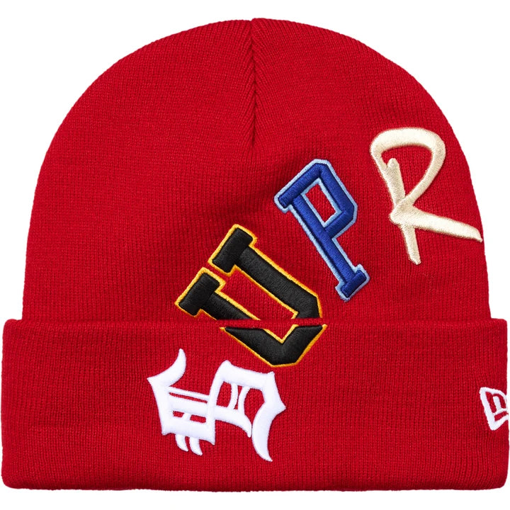 Supreme Red New Era Arc Beanie front view with navy, blue and cream arc letters and New Era cuff flag