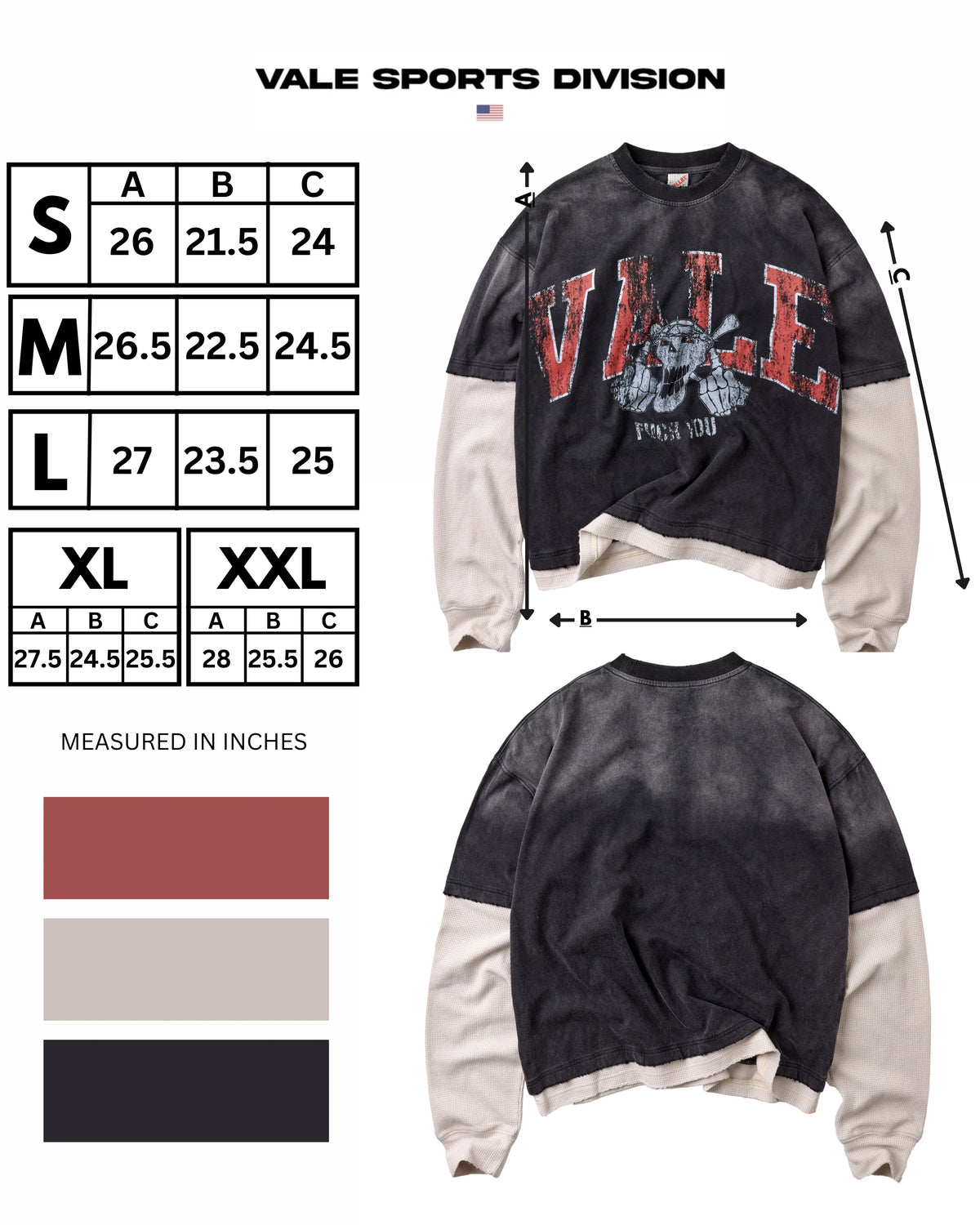 Vale Sports Division size chart graphic with measurement table and colour swatches