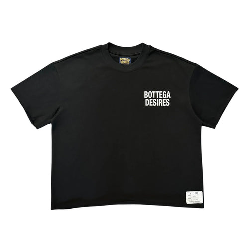 Bottega Desires Black Fuck Em T-Shirt, black boxy tee with small white BOTTEGA DESIRES text at the chest and a woven label at the hem