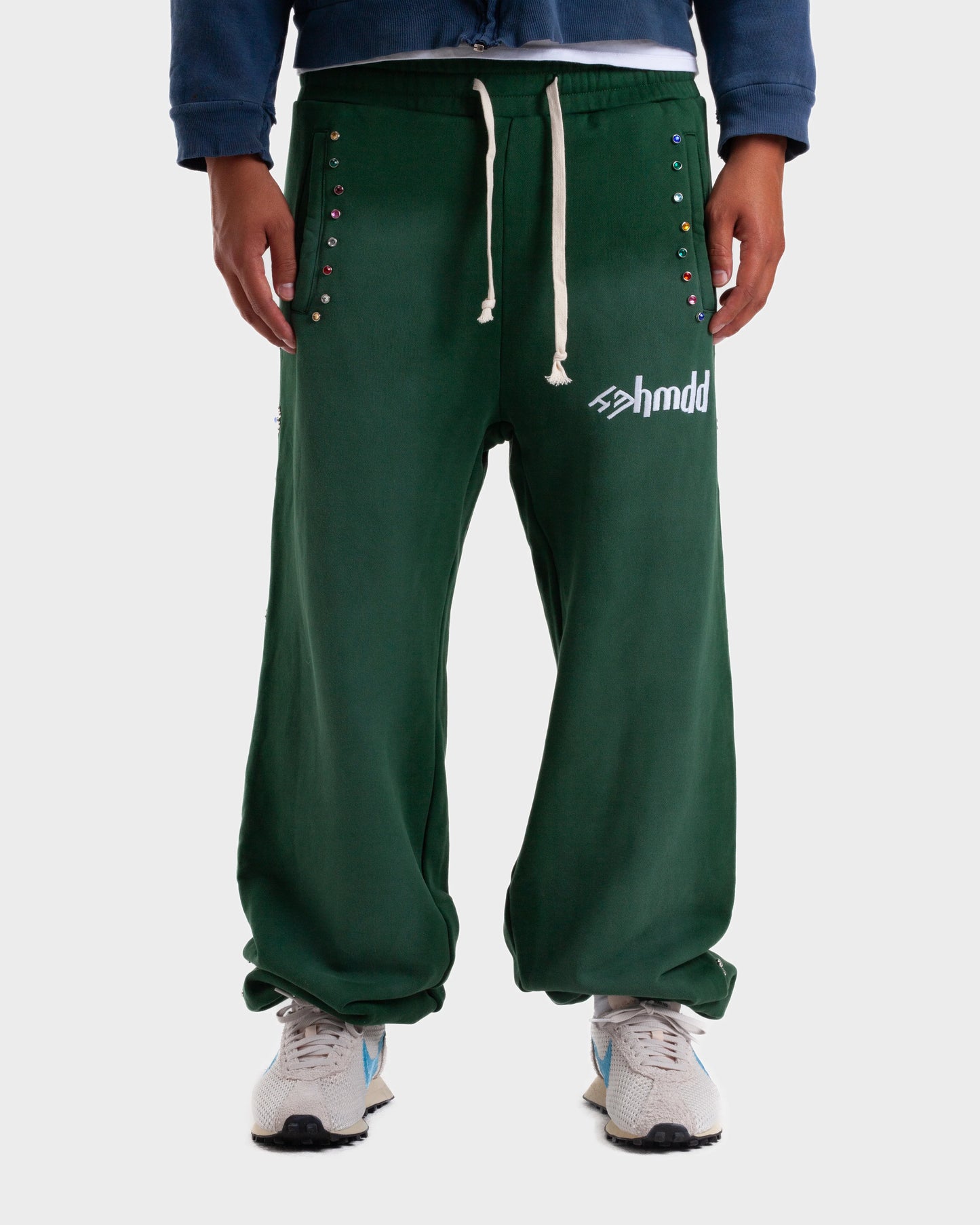 HMDD Green Flower Studded Scrunch Sweatpants