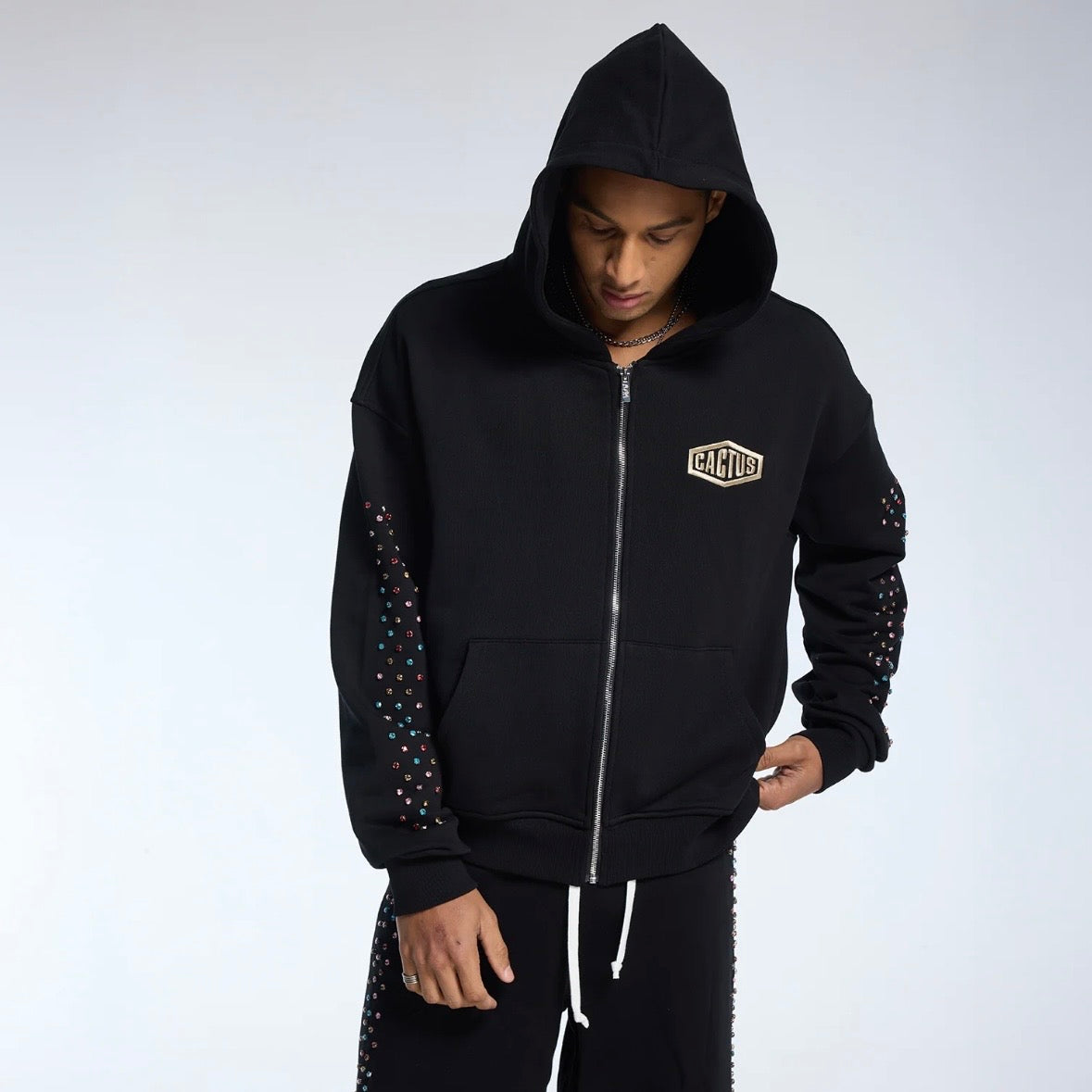 AZVA Black Crystal Cactus Zip Hoodie
