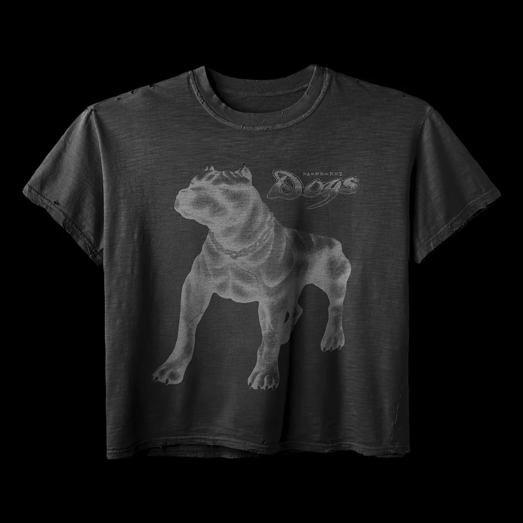 GV Gallery Black Doghouse Tee front view with the tonal dog print and Raspberry Dogs logo