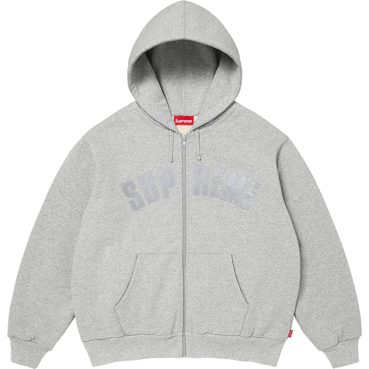Supreme Arc Thermal zip hoodie in heather grey with a grey applique arc SUPREME logo split by the zip, front view